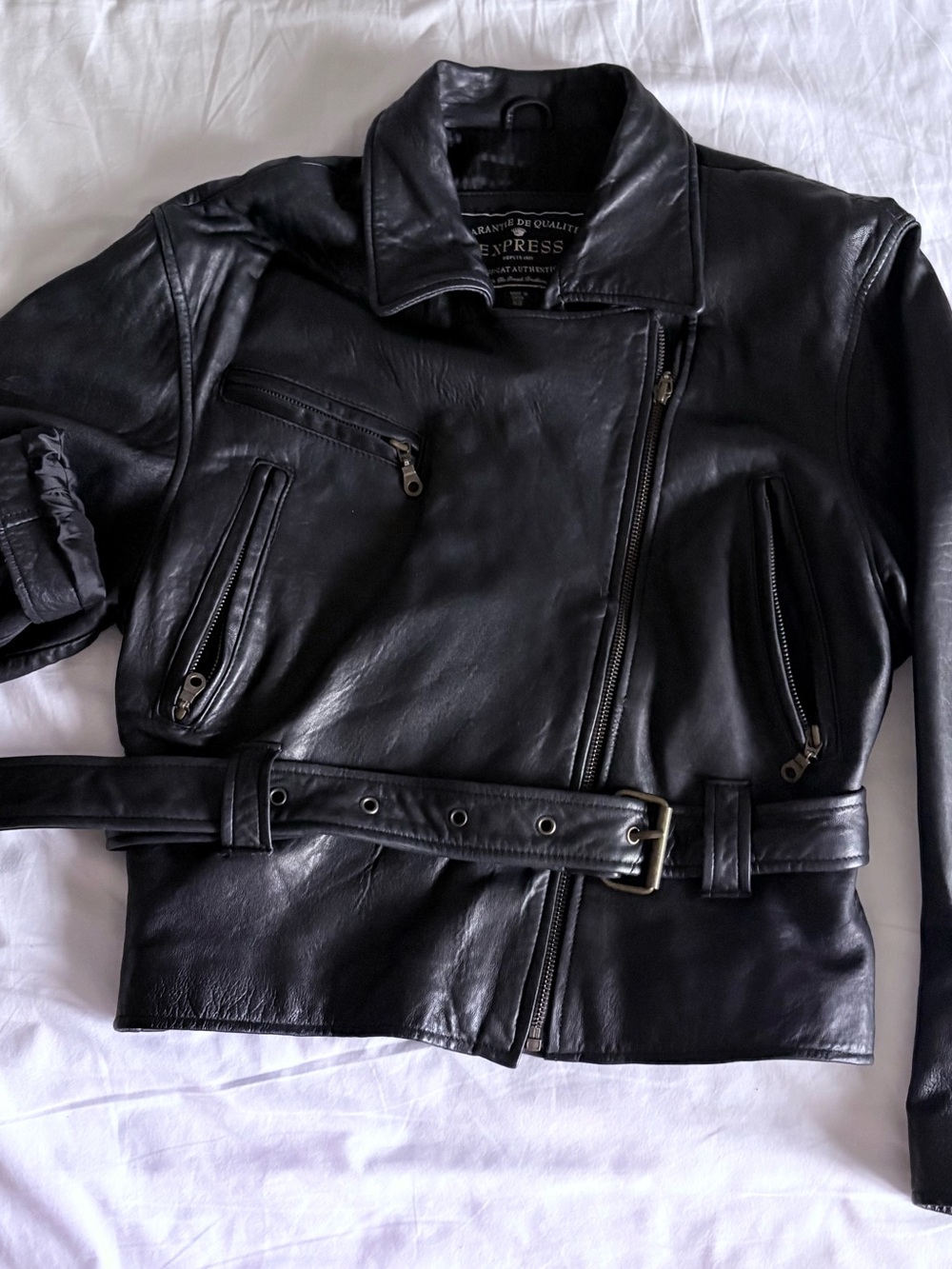 Express Black Leather Biker Jacket with Belted Waist